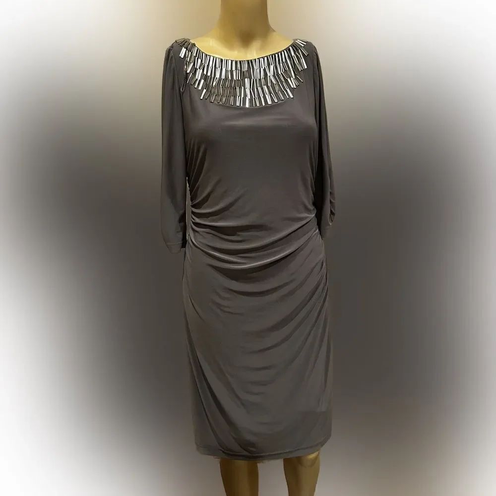 Adrianna Papell beaded boat neck dark 3/4 sleeve grey dress SZ 6